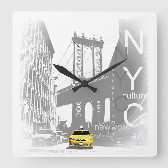 Nyc Yellow Taxi Brooklyn Bridge Pop Art Picture Square Wall Clock (Front)
