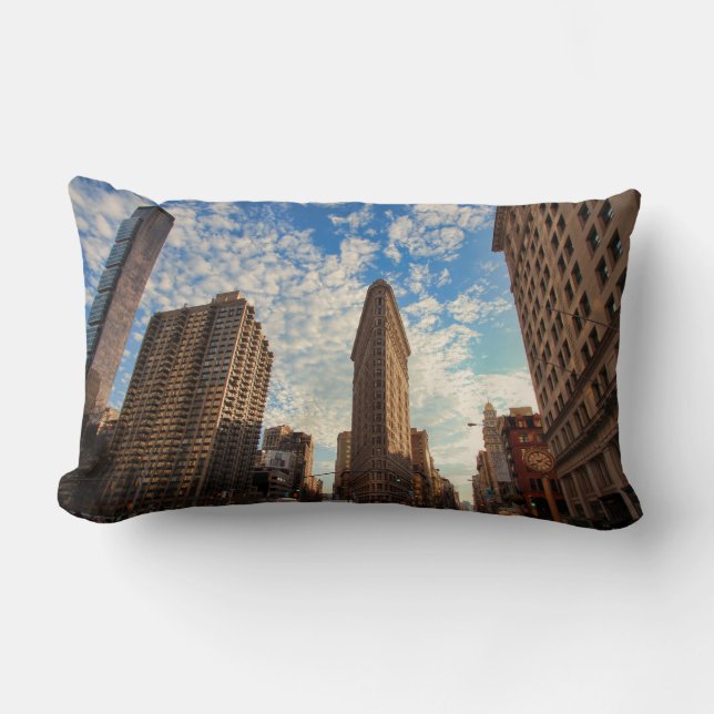 NYC's Flatiron Building, Wide View, Puffy Clouds Lumbar Cushion (Front)