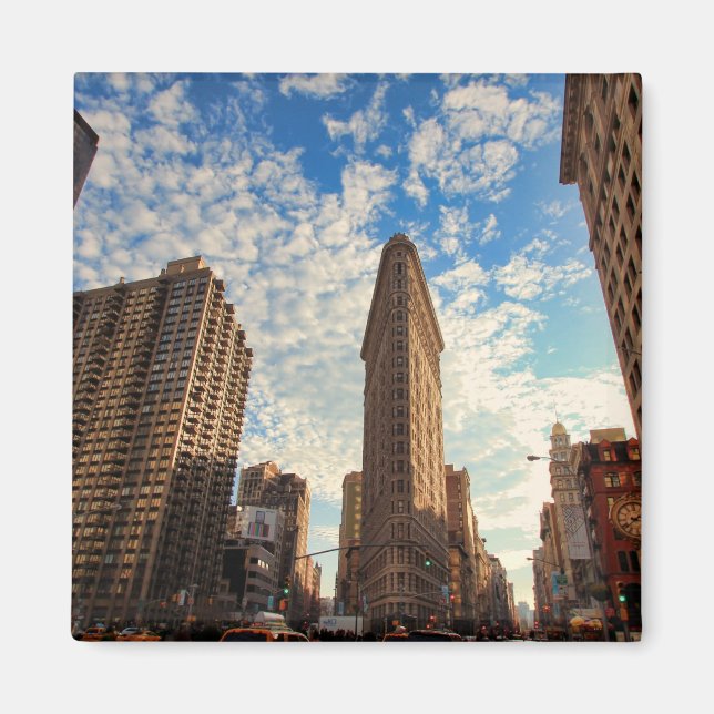 NYC's Flatiron Building, Wide View, Puffy Clouds Magnet (Front)