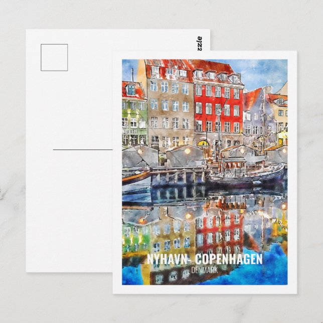 Nyhavn Copenhagen Denmark Travel Watercolor Sketch Postcard (Front/Back)
