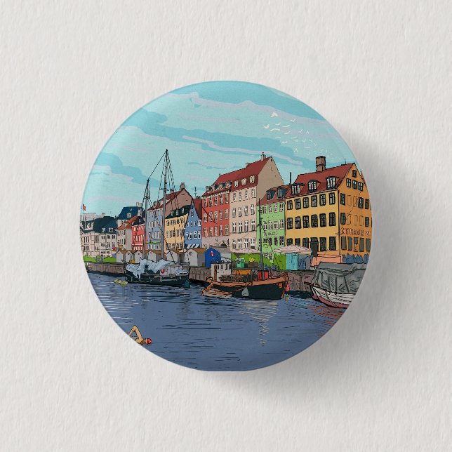 Nyhavn Copenhagen Denmark Whimsical llustration 3 Cm Round Badge (Front)