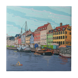 Nyhavn Copenhagen Denmark Whimsical llustration Ceramic Tile