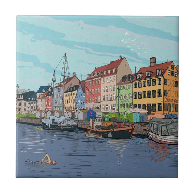 Nyhavn Copenhagen Denmark Whimsical llustration Ceramic Tile (Front)