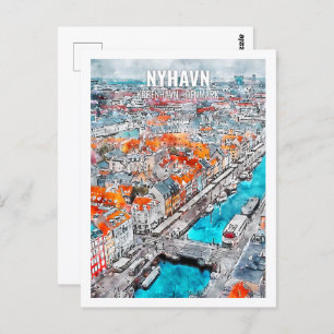 Nyhavn Kobenhavn Denmark Travel Place Watercolor Postcard