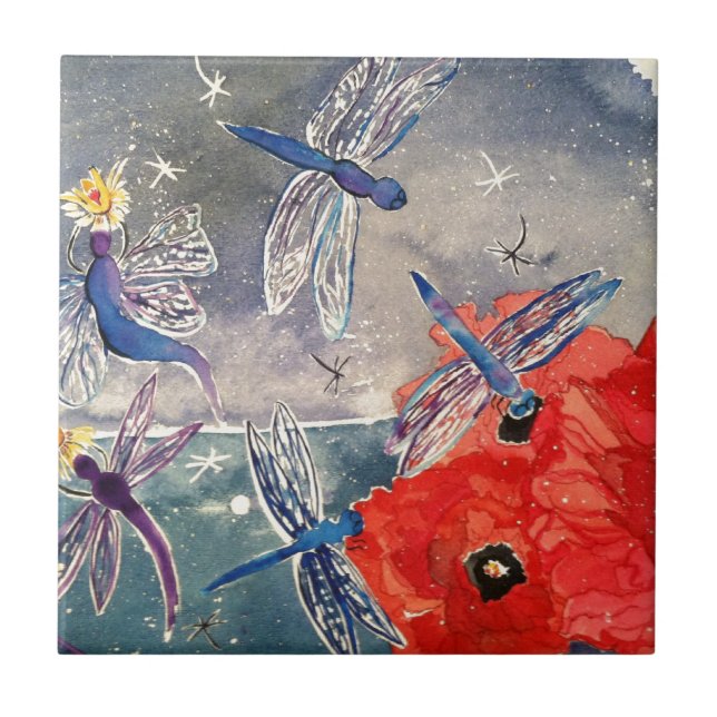 Nymphs and Dragonfly Watercolor Painting Tile (Front)