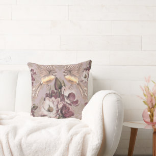 NZ Fantail and Magnolia in Dusky Pink Gilded Bird Cushion