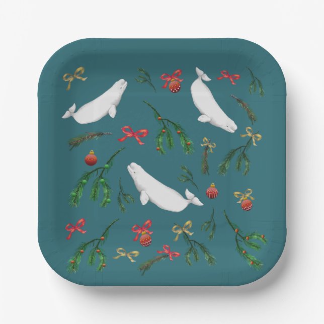 O Christmas Beluga Whale Illustration Holiday      Paper Plate (Front)