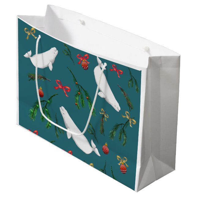 O Christmas Beluga Whale Illustration Pattern Large Gift Bag (Front Angled)