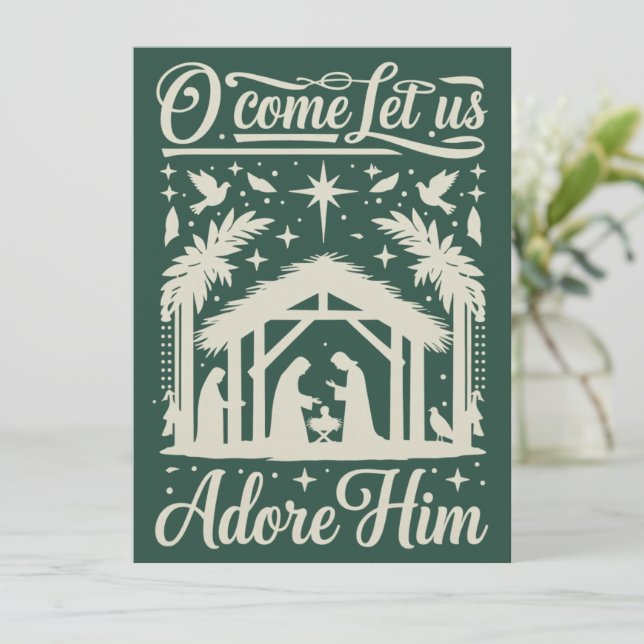 O Come Let Us Adore Him Nativity Scene Christian  Holiday Card (Standing Front)