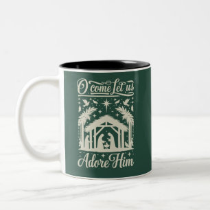 O Come Let Us Adore Him Nativity Scene Christian Two-Tone Coffee Mug