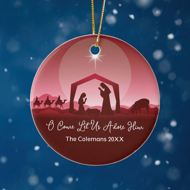 O Come Let Us Adore Him Nativity Scene Christmas Ceramic Ornament (Creator Uploaded)