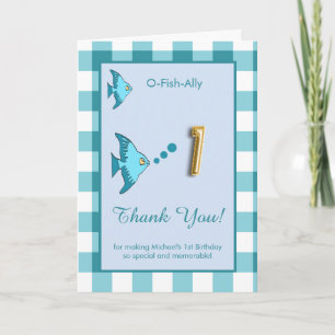 O Fish Ally 1st Birthday Photo Teal Blue Gingham Thank You Card