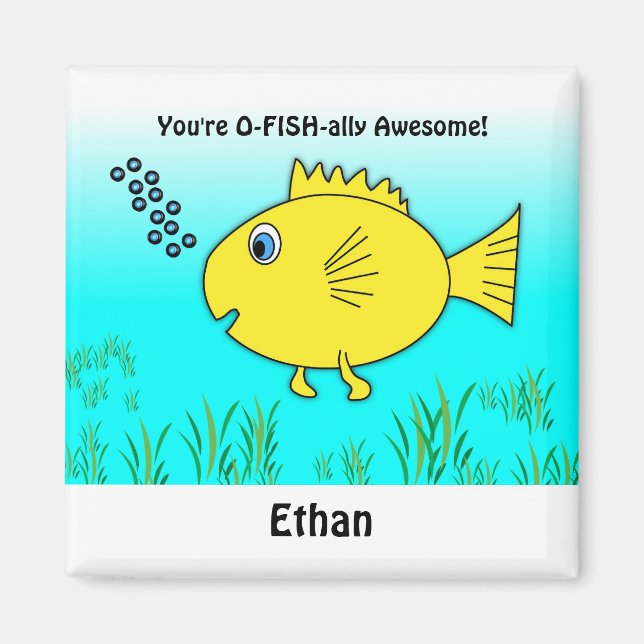 O-Fish-ally Awesome with Name Cartoon Goldfish Magnet (Front)