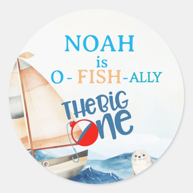 O-Fish-Ally Big One Birthday Invitation  Classic Round Sticker (Front)