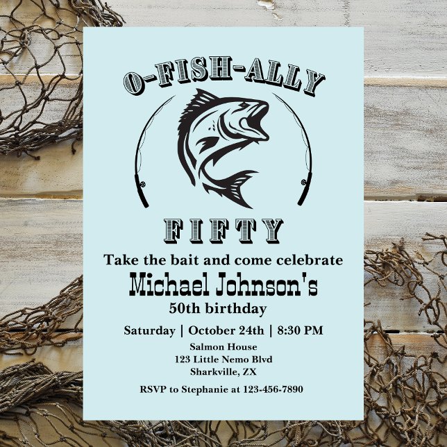 O-fish-ally Fifty Funny Bleu 50th Birthday Party Invitation (Creator Uploaded)