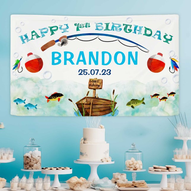 O-fish-ally fishing themed 1st birthday backdrop banner (Fishing themed, boy 1st birthday banner. O-Fish-Ally, little fisherman birthday decoration.)