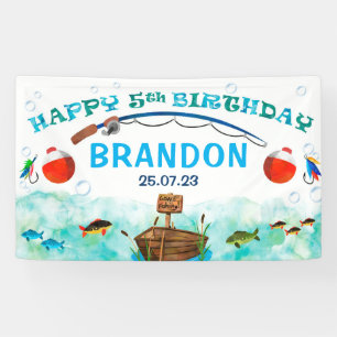 O-fish-ally fishing themed 5th birthday backdrop banner