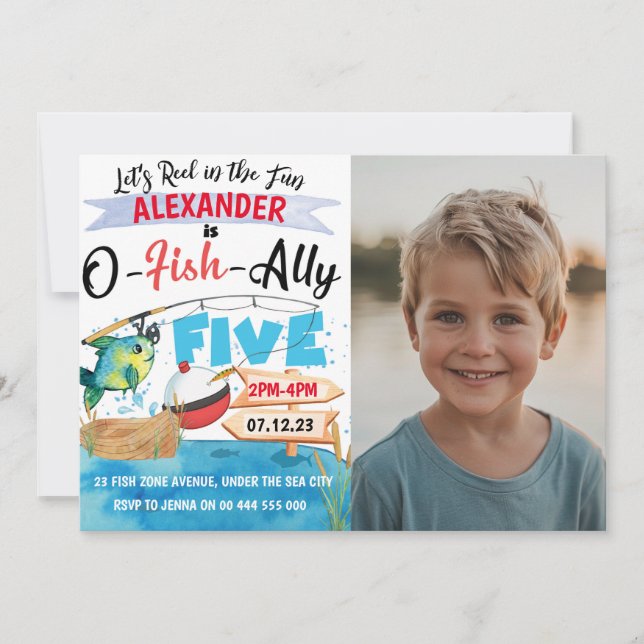O-Fish-Ally Five Fishing 5th Birthday Photo Invitation (Front)