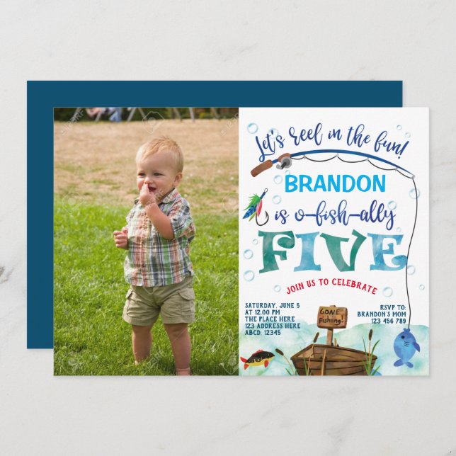 o-fish-ally, Little Fisherman 5th Birthday photo Invitation (Front/Back)