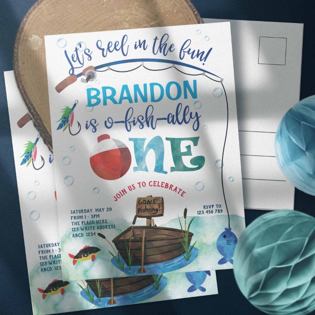 O-fish-Ally, Little Fisherman, Fishing 1st Birthda Invitation Postcard (Boy 1st birthday, Fishing themed. Little Fisherman, o-fish-ally, postcard birthday invitations.)