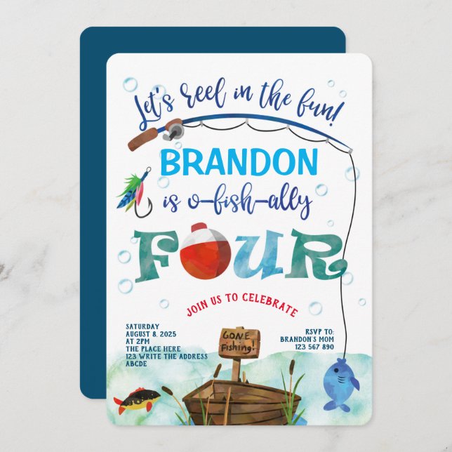 O-fish-Ally, Little Fisherman, Fishing  4th birthd Invitation (Front/Back)