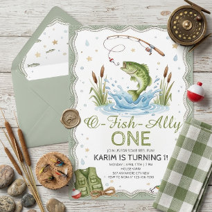 O-Fish-Ally One Bass Fishing Birthday Sage green Invitation