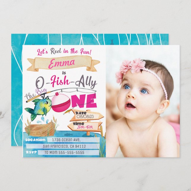 O-Fish-Ally One Girl 1st Birthday Fishing Photo  Invitation (Front/Back)