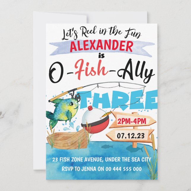 O-Fish-Ally Three Fishing 3rd Birthday Boy Invitation (Front)
