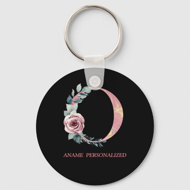 O Floral Monogram Name Letters Pink Agate Keychain (Front)