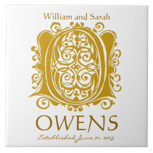 O Gold Monogram on White - Names Wedding Date Tile