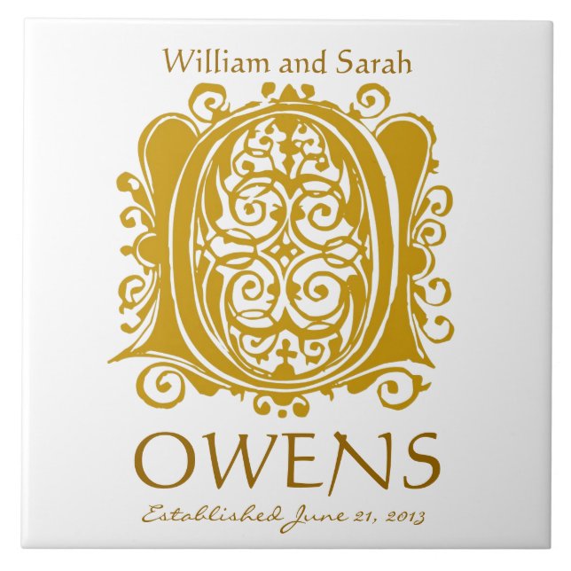 O Gold Monogram on White - Names Wedding Date Tile (Front)
