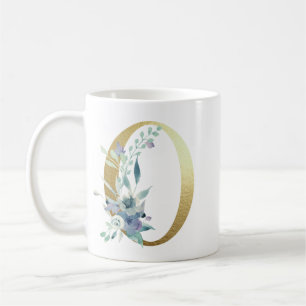 O, golden initial with blue floral foliage coffee mug