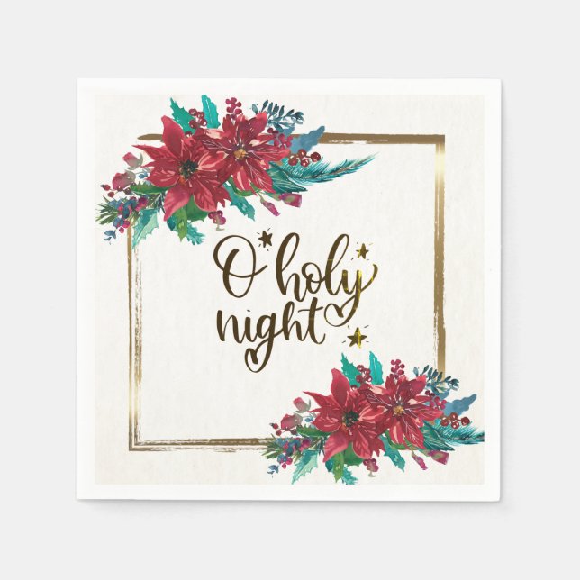 O Holy Night, Christmas Carol Red Poinsettia Napkin (Front)