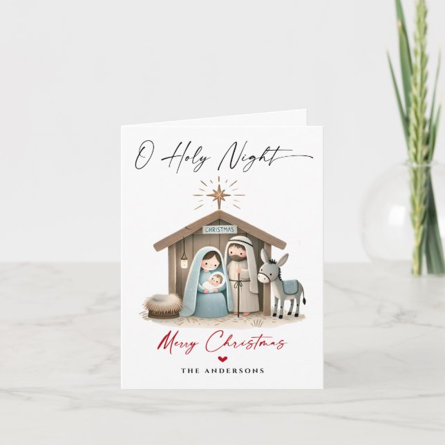 O Holy Night Christmas Nativity Scene Family Photo Holiday Card (Front)