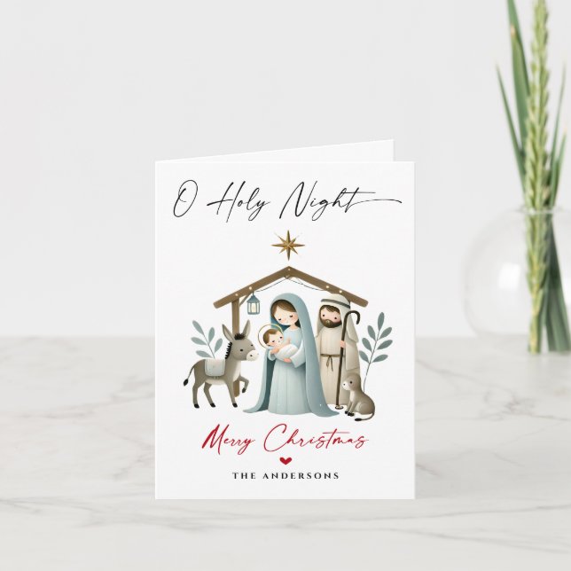 O Holy Night Christmas Nativity Scene Family Photo Holiday Card (Front)