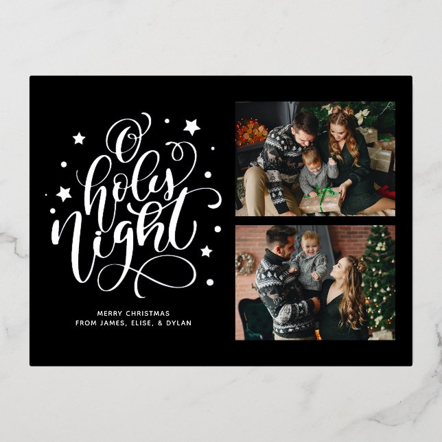 O Holy Night Hand Lettered Custom Photo Holiday Fo Foil Invitation Postcard (Front)
