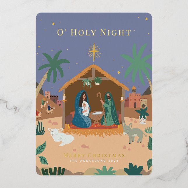 O' Holy Night Nativity Christmas Foil Holiday Card (Front)
