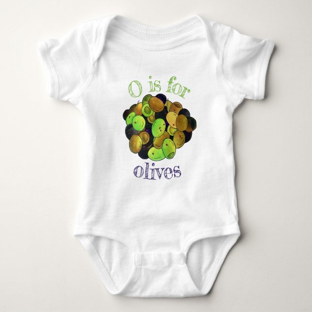 O is for OLIVES Mediterranean Black Green Mixed Baby Bodysuit (Front)