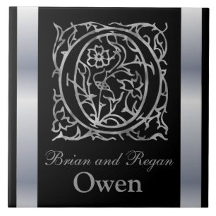 O Monogram and Name "Besque on Black" Ceramic Tile