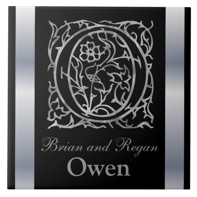 O Monogram and Name "Besque on Black" Ceramic Tile (Front)