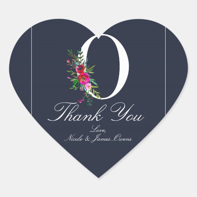 O Monogram Last Initial Modern Blue Floral Wedding Heart Sticker (Front)