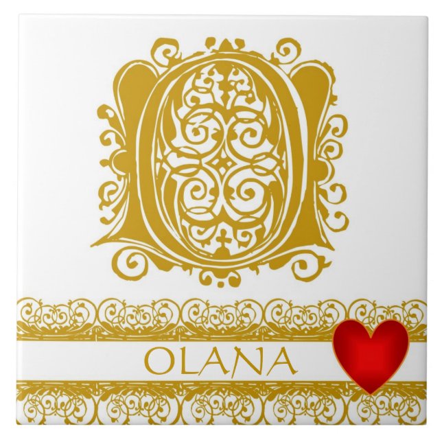O Monogram Name Gold Lace Red Heart Template Tile (Front)