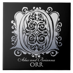 O Monogram "Silver Lace on Black" with Names Tile