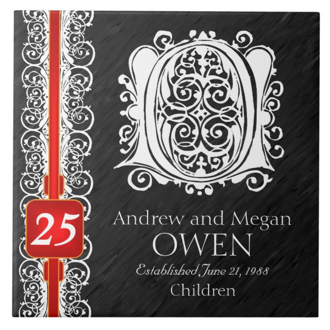 O Monogram "White Lace on Black" Anniversary Tile (Front)