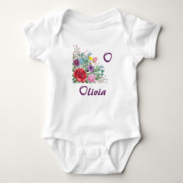 O Olivia Personalise Letter Name, Rose Flowers Baby Bodysuit (Front)