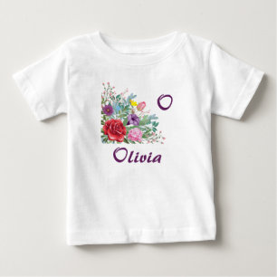 O Olivia Personalize Letter Name, Rose Flowers Baby T-Shirt