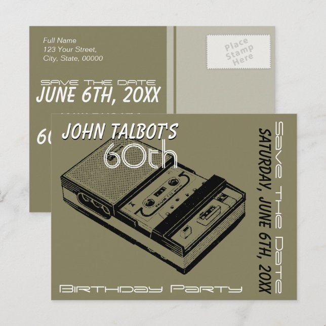 O Tape Recorder 60th birthday Party Save the Date Announcement Postcard (Front/Back)
