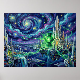 Oa Starry Night Comic Book Landscape Poster