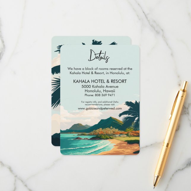 Oahu Hawaii Beach Palm Tree Wedding Enclosure Card (Front/Back In Situ)