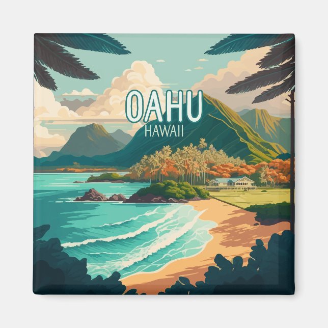 Oahu Hawaii Beach Vintage Retro Keychain Magnet (Front)